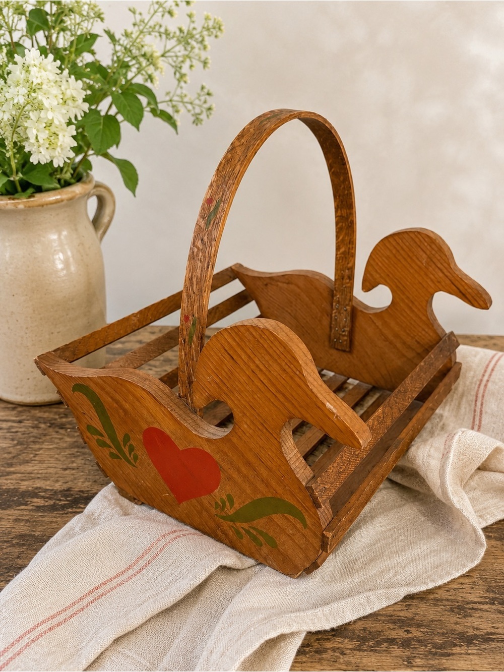 Vintage Wooden Folk Art Duck Basket Carrier | Rustic Farmhouse Decor